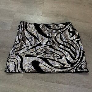 Sequin Mini Skirt Womens XL Silver Black Swirl Abstract Party Night Out